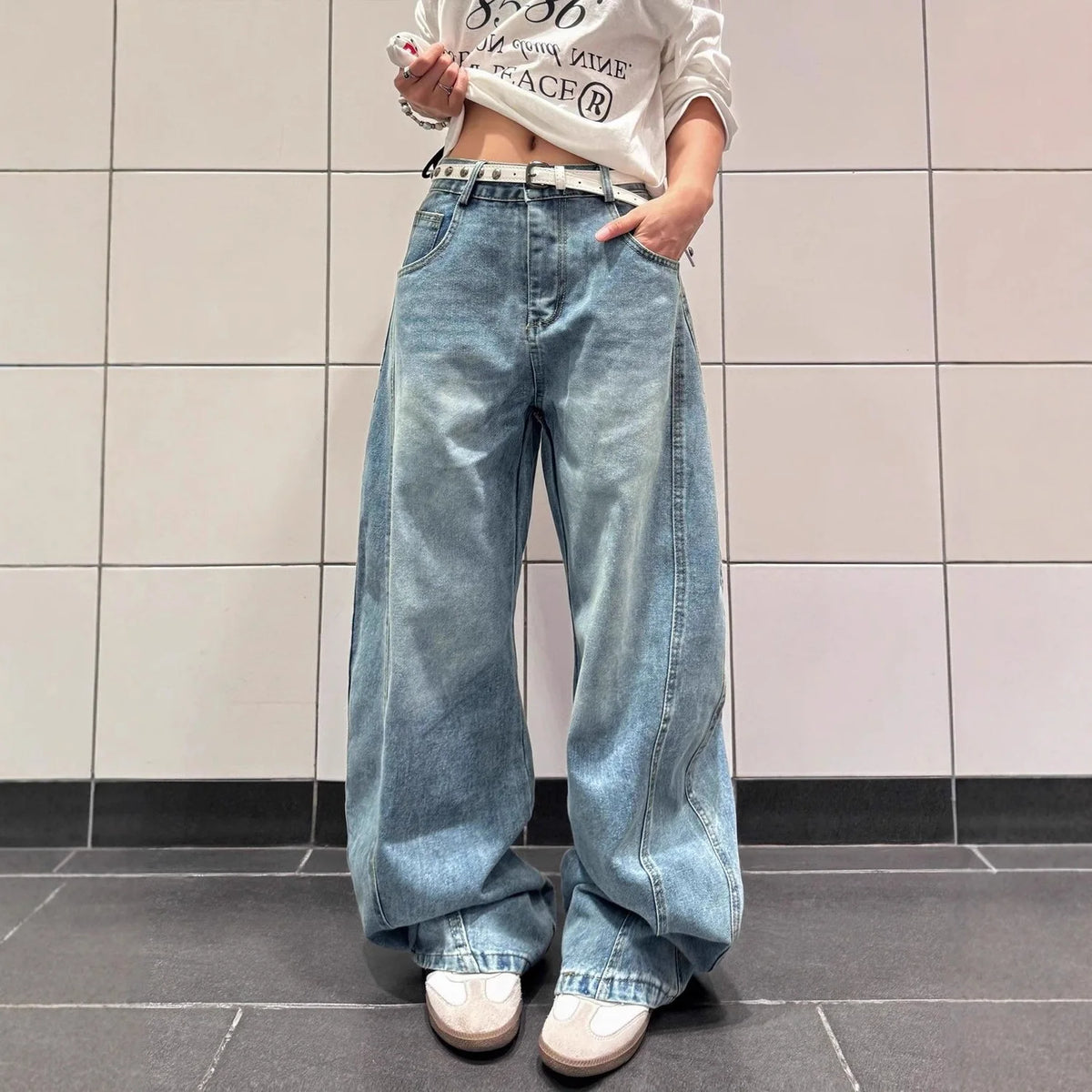 Women's American Retro Letter Print High Waist Wide-Leg Jeans – Loose Slimming Denim Pants | Blue | S–XXXL | FBA Vibes