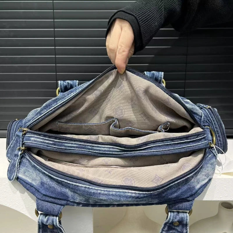 Fashionable Denim Tote Bag for Women – Retro Crossbody Shoulder & Travel Bag