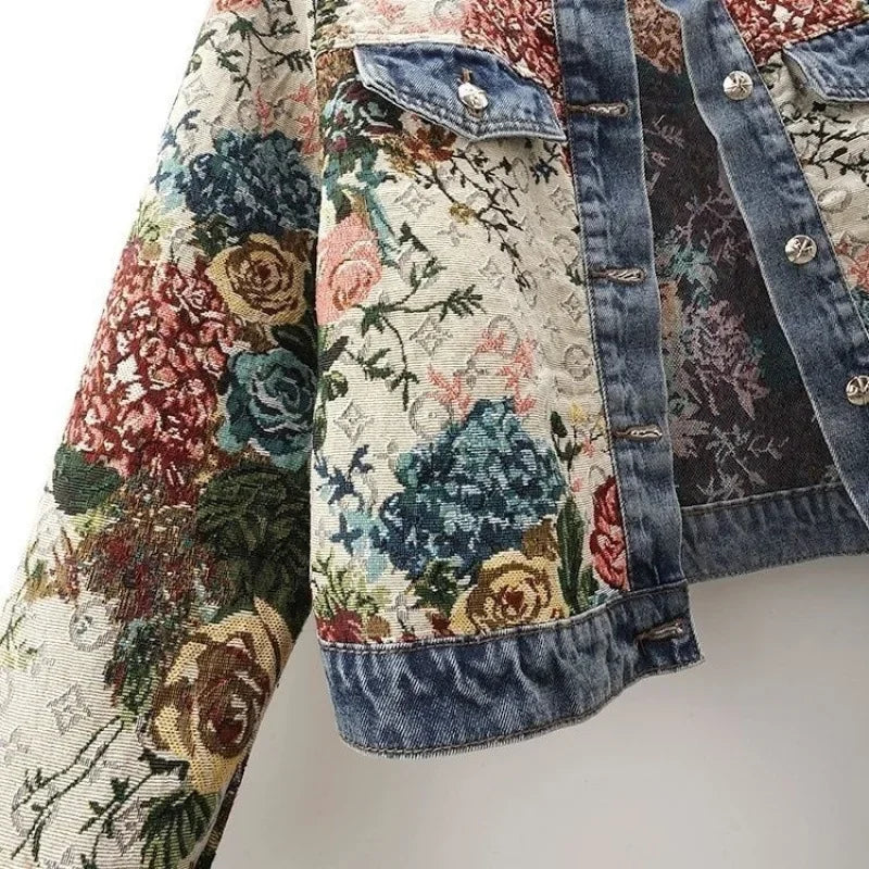 Women's Chinese Retro Jacquard Denim Jacket – Short Round Neck Temperament Coat | S–XXL | FBA Vibes