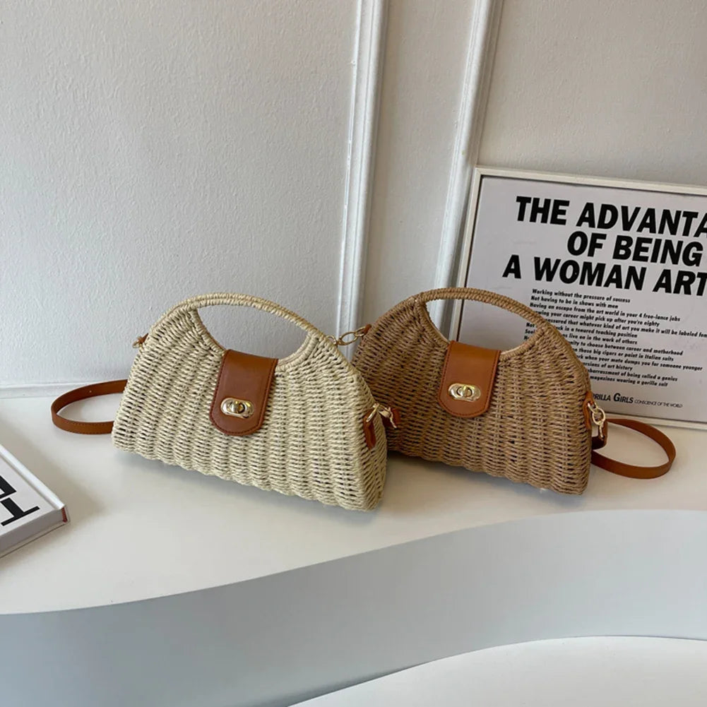 Handmade Woven Shell Crossbody Bag for Women – Casual Elegant Summer Straw Shoulder Tote
