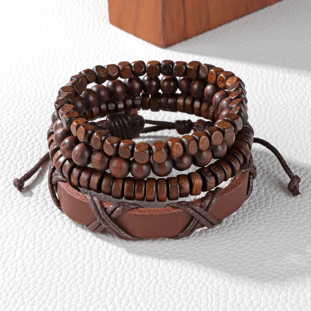 FBA Black Skull Beaded Leather Bracelet for Men | Buddhist Punk Jewelry
