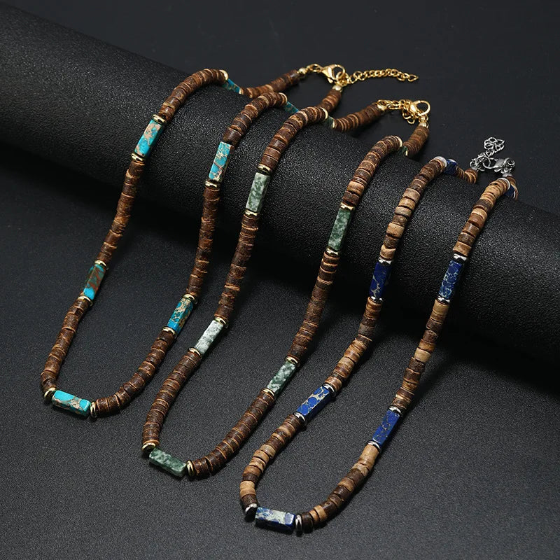 FBA Men's Wood Bead Natural Stone Necklace | Retro Summer Jewelry