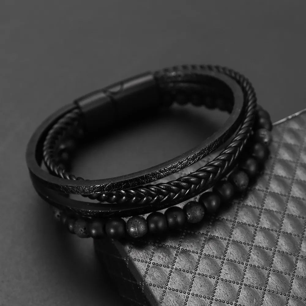 FBA Vintage Leather Magnetic Buckle Men's Bracelet | Handwoven Jewelry
