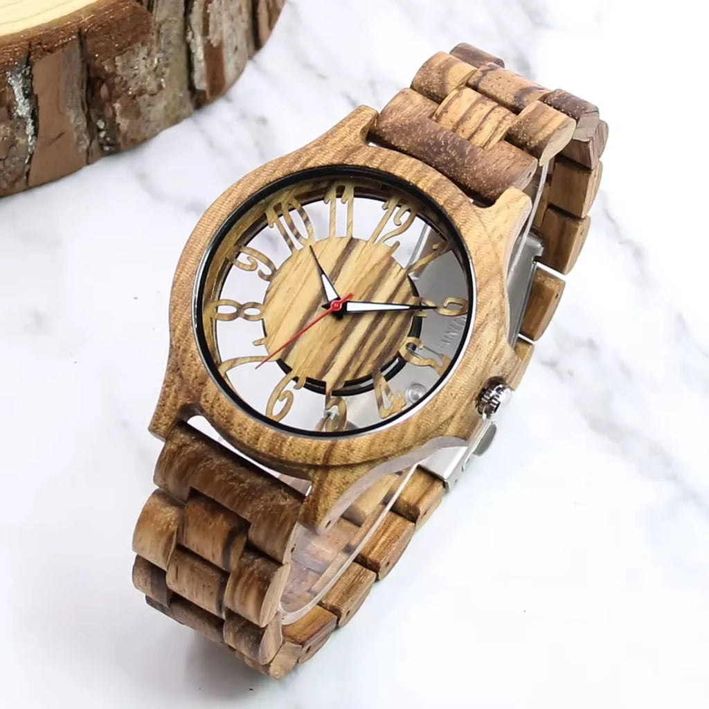 FBA Men's Handmade Engraved Wood Watch | Analog Quartz Wooden Wristwatch