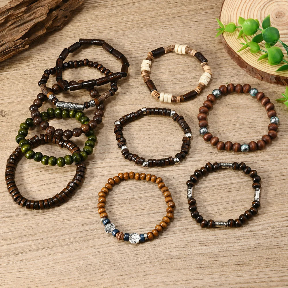 FBA 10-Piece Ethnic Wooden Beaded Bracelet Set | Boho Men's Jewelry