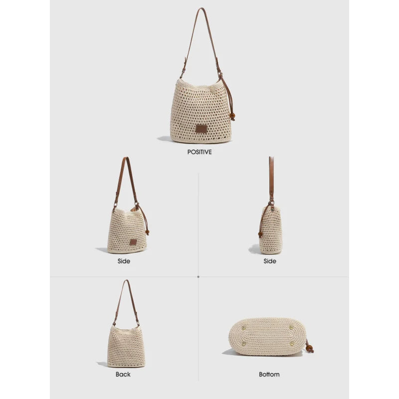 Woven Hollow PU Leather Bucket Tote Bag for Women – 2026 Spring Summer Beach Vacation Shoulder & Underarm Bag