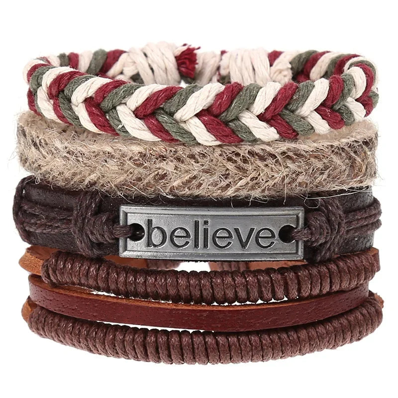FBA 4-Piece Braided Leather Ethnic Wristband Set | Hope Believe Bracelet
