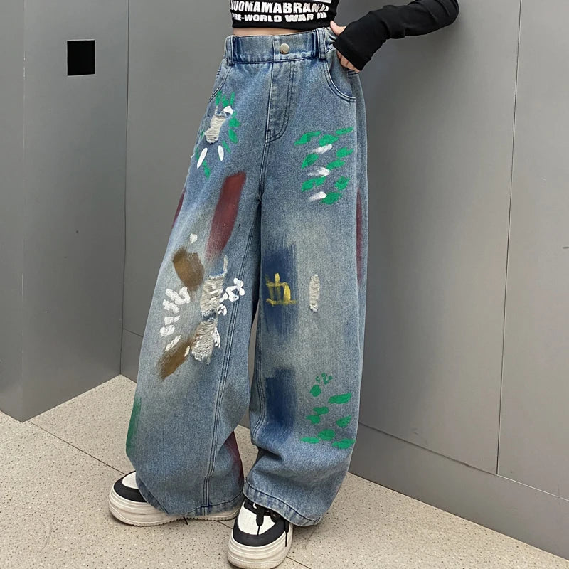 Kids' Hip Hop Graffiti Washed Blue Jeans – Girls & Boys Casual Straight Leg Denim Pants | Blue | Ages 5–14 | FBA Vibes