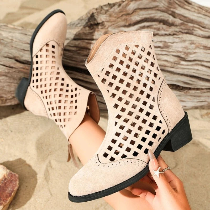 Women's Hollow-Out Western Ankle Bootie with Low Chunky Heel