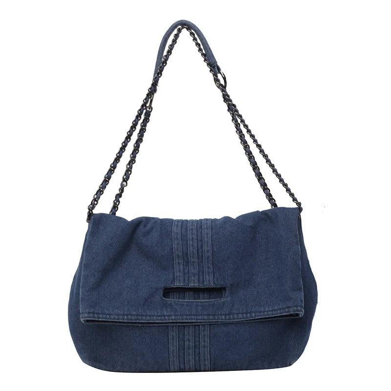 Denim Tote Bag with Chain Strap – Large Capacity Commuter Crossbody Bag