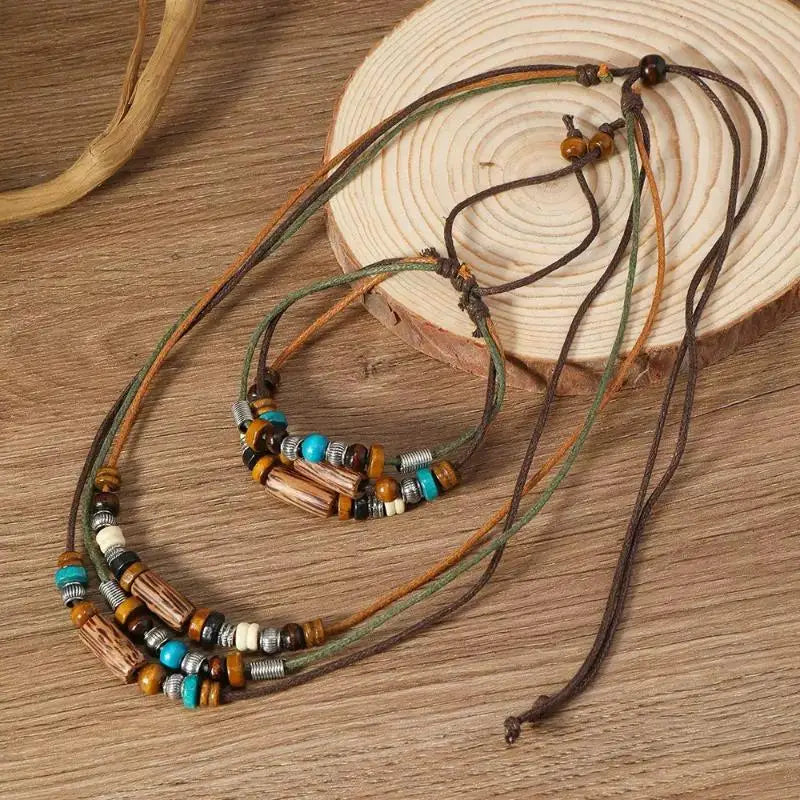 FBA Multilayer Wood Bead Prayer Necklace & Bracelet Set | Boho Gift