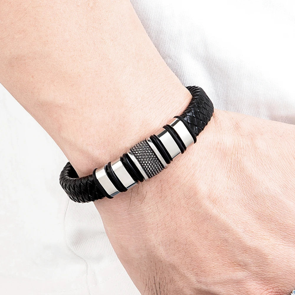 FBA Men's Stainless Steel Beaded Leather Rope Bracelet | Charm Jewelry Gift