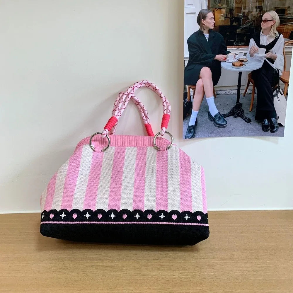 Portable Knitted Canvas Tote Bag – Reusable Large Capacity Woven Shopping Bucket Bag