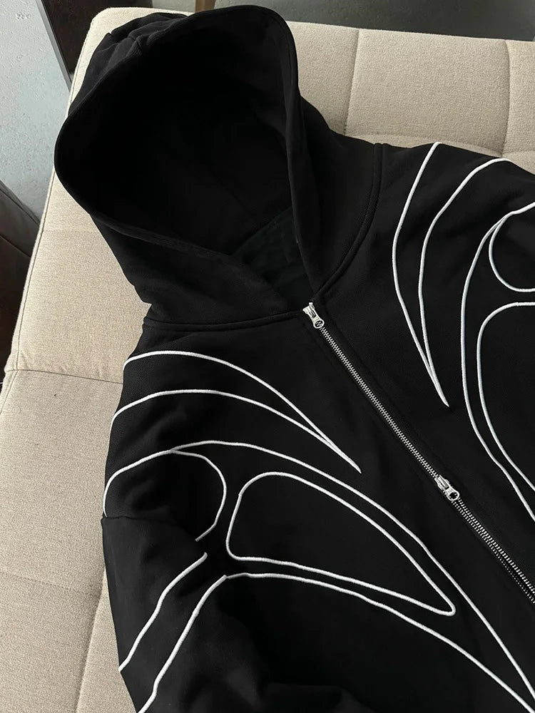 Women's Street Retro Striped Embroidered Oversized Hoodie – Y2K Hip Hop Punk Double Zipper Sweatshirt | Black | S–XL | FBA Vibes