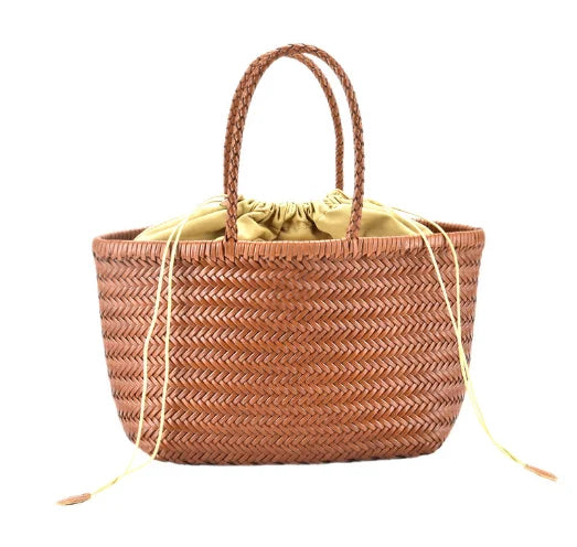 Genuine Leather Woven Basket Tote Bag for Women – Luxury Vintage Cowhide Shoulder Bag
