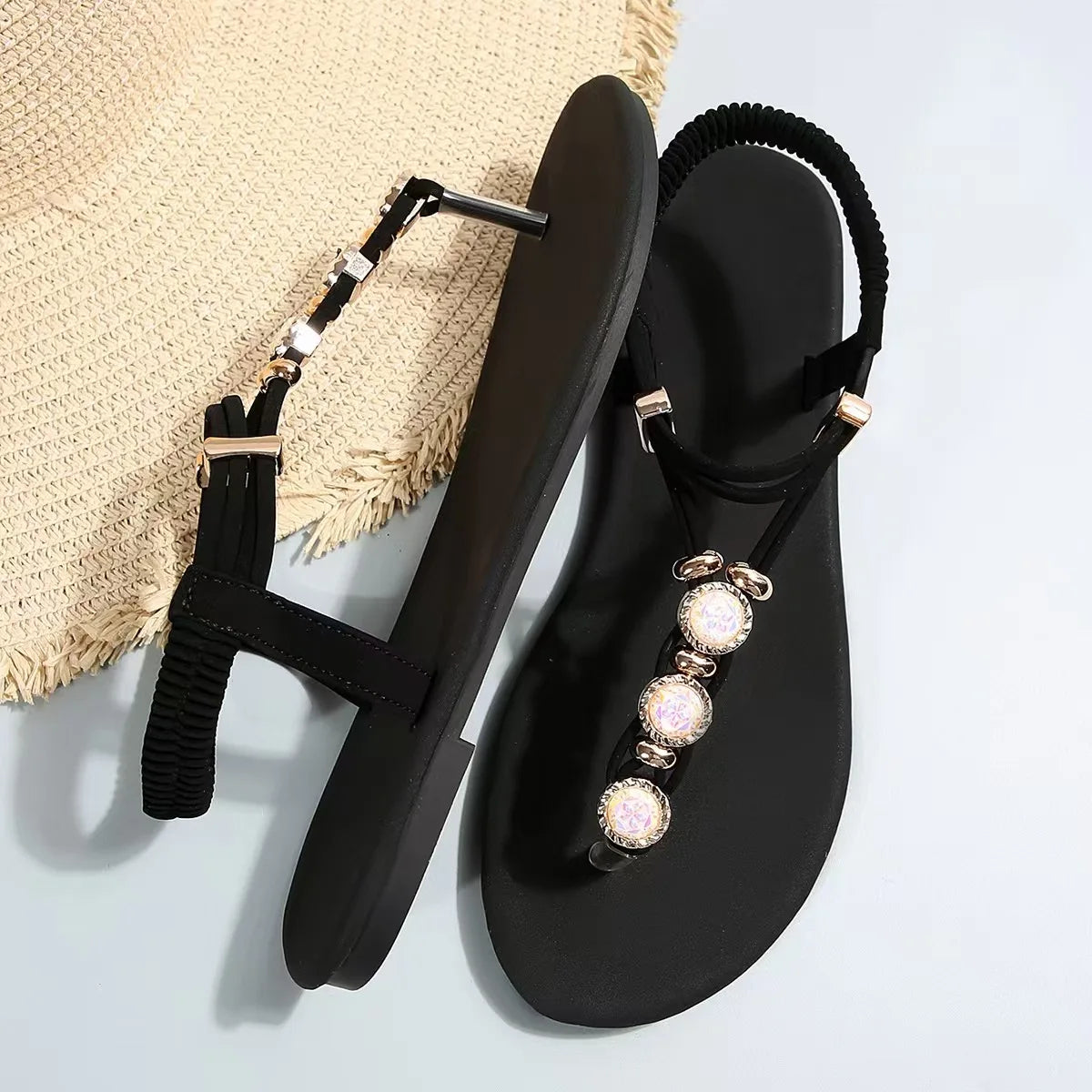 FBA Women's Handmade Beaded Fairy Style Flat Sandals | Plus Size Beach Shoes