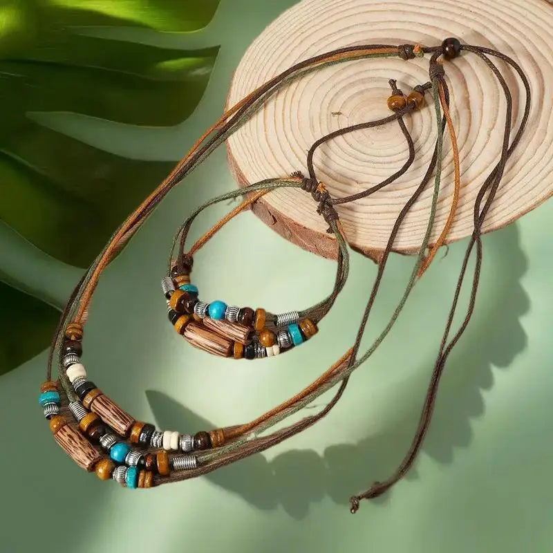 FBA Wood Bead Prayer Necklace & Bracelet Set | Boho Jewelry Gift