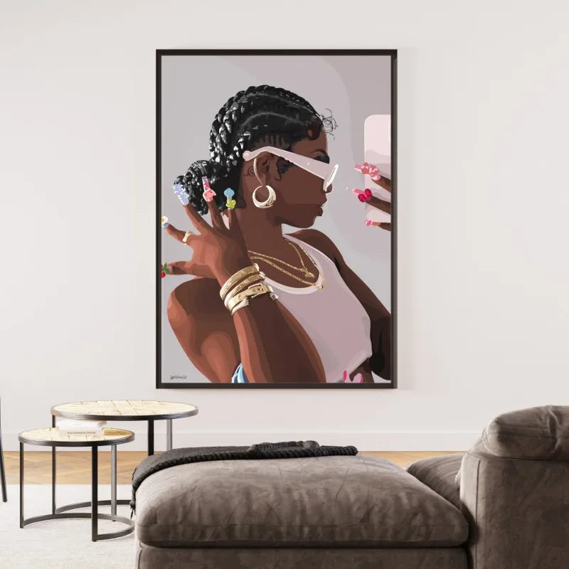 Hip Hop Black Girl Gold Jewelry Canvas Print | Afro Wall Art | FBA Vibes