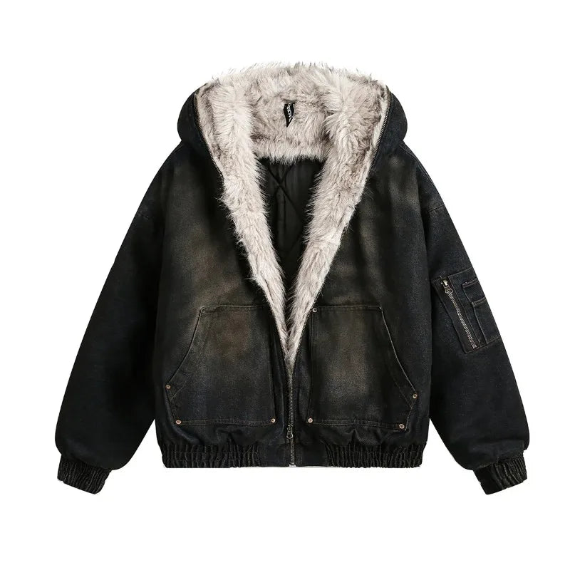 Men's American High Street Vintage Denim Hoodie Jacket – Thick Warm Zip-Up Streetwear Coat | S–XL | FBA Vibes