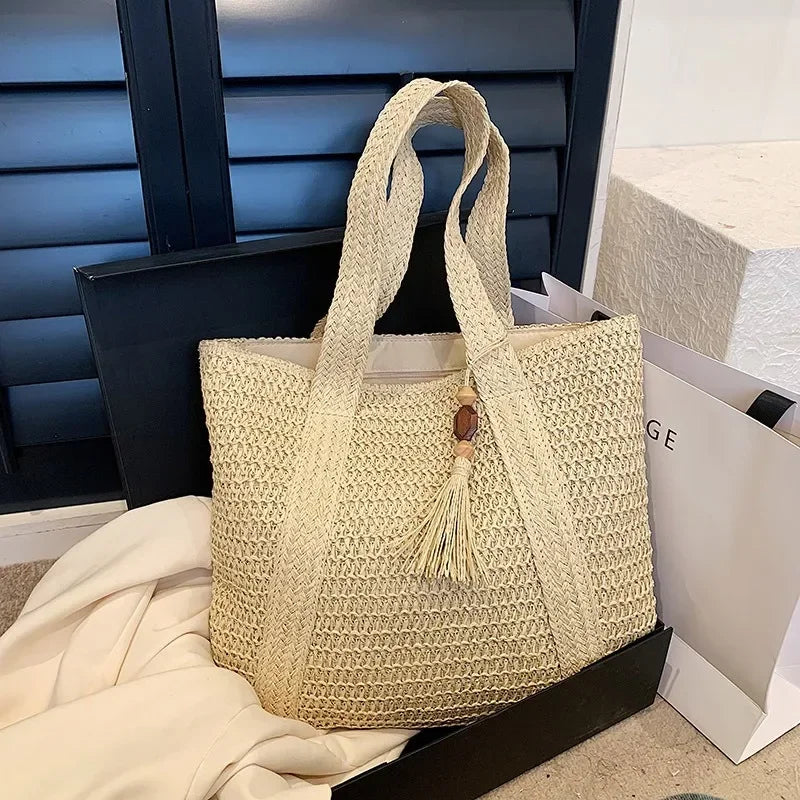 Elegant Straw Woven Tote Bag for Women – Retro Beach & Commuter Shoulder Handbag