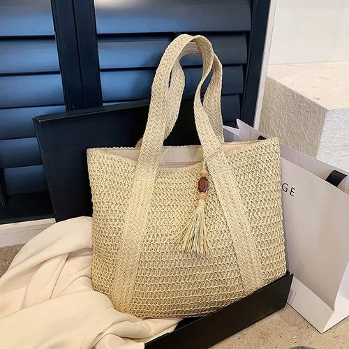 Elegant Straw Woven Tote Bag for Women – Retro Beach & Commuter Shoulder Handbag
