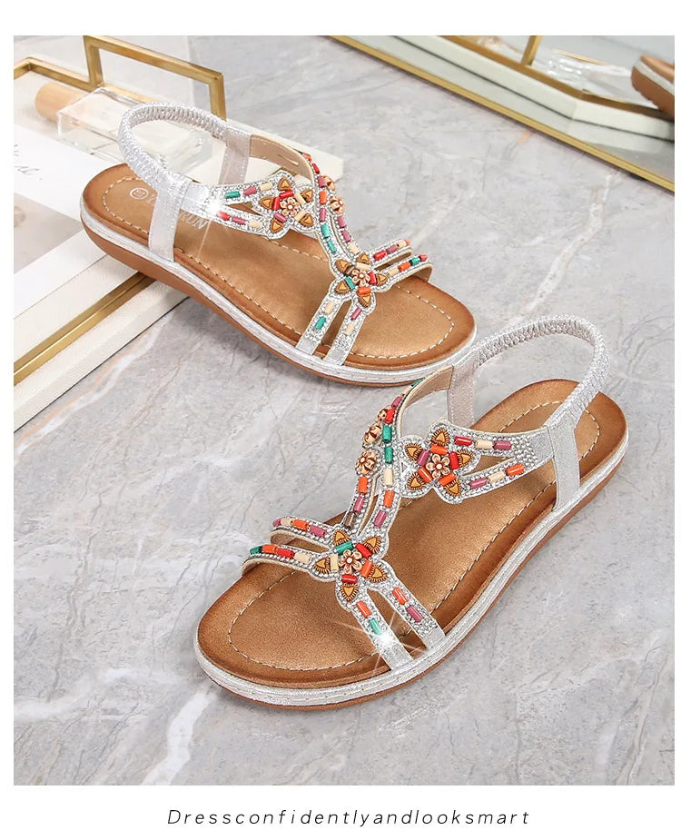 FBA Women's Rhinestone Bohemian Hollow Flat Sandals | Summer Casual Shoes