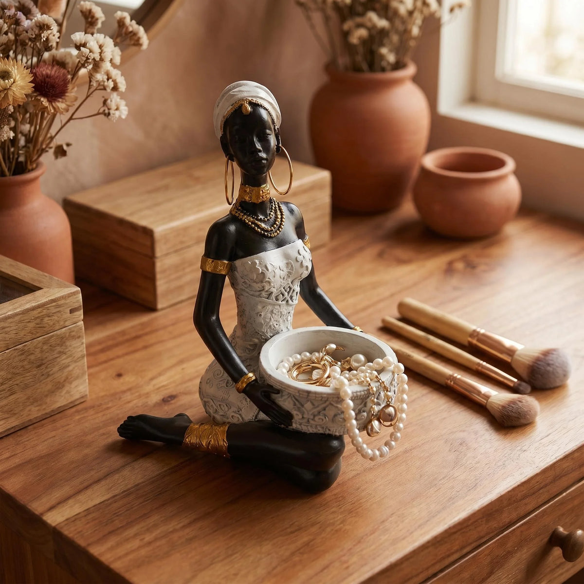 Bohemian African Woman Tray Sculpture | 2-in-1 Resin Decor & Storage Ornament