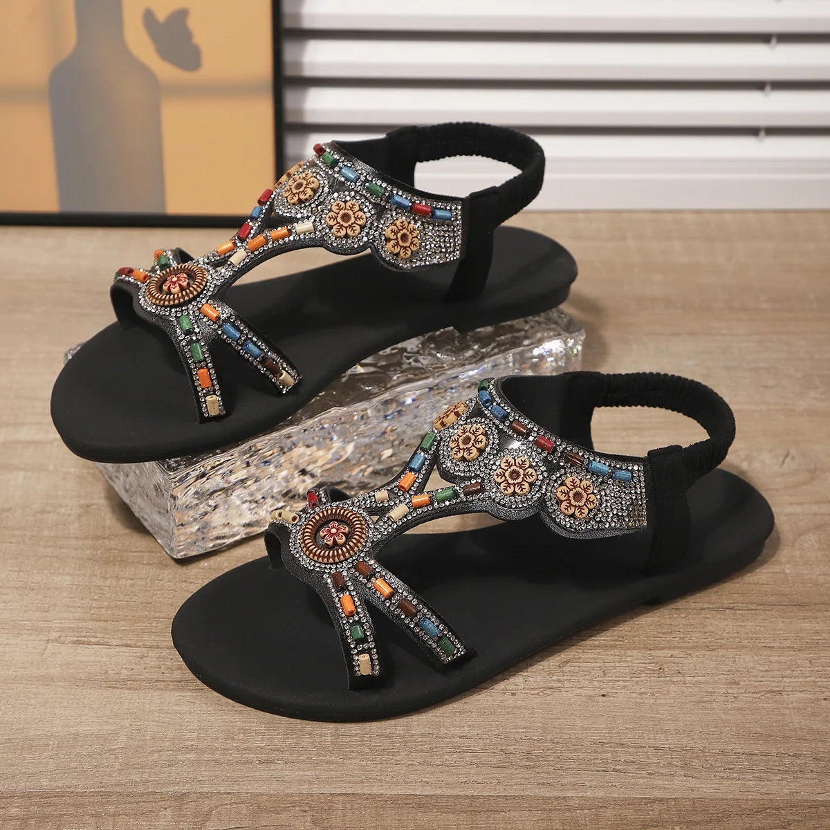 FBA Women's Beaded Fairy Style Flat Roman Sandals | Plus Size Ethnic Shoes