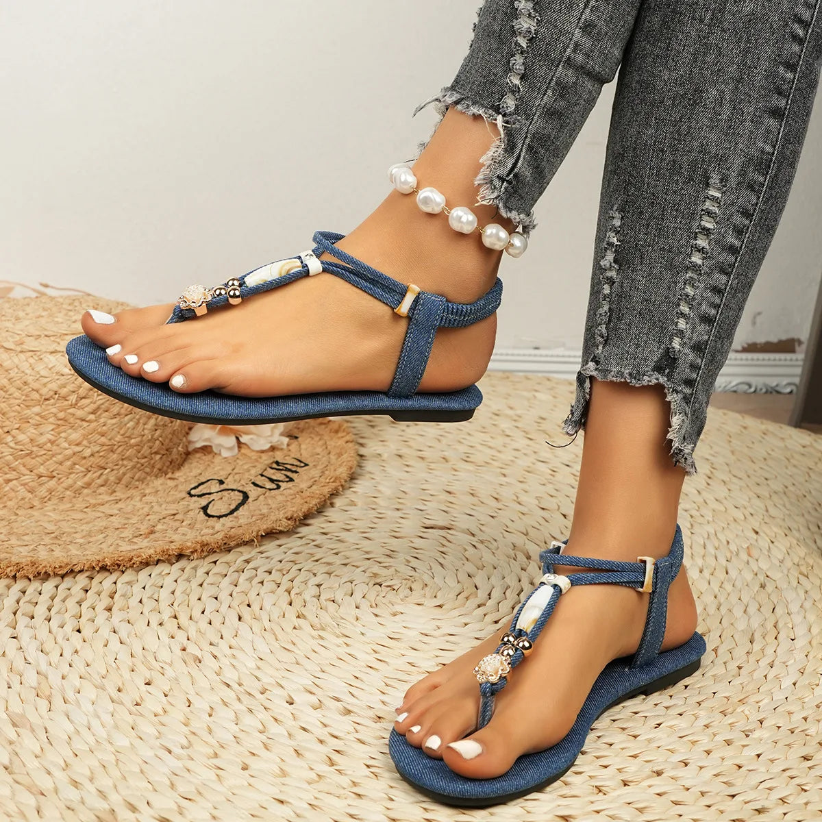 FBA Women's Bohemian Beaded Slip-On Flat Sandals | Beach Style Shoes