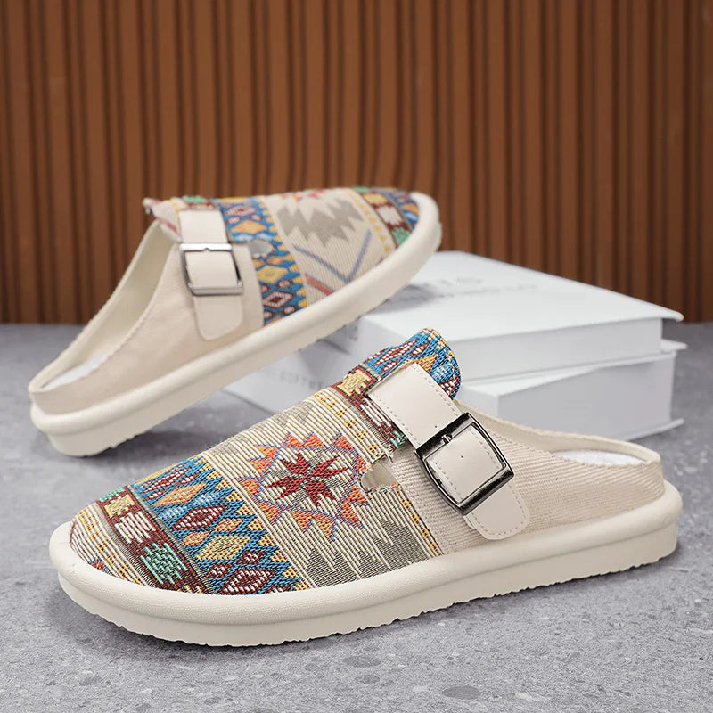 FBA Women's Ethnic Embroidered Linen Slippers | Handmade Comfort Sandals