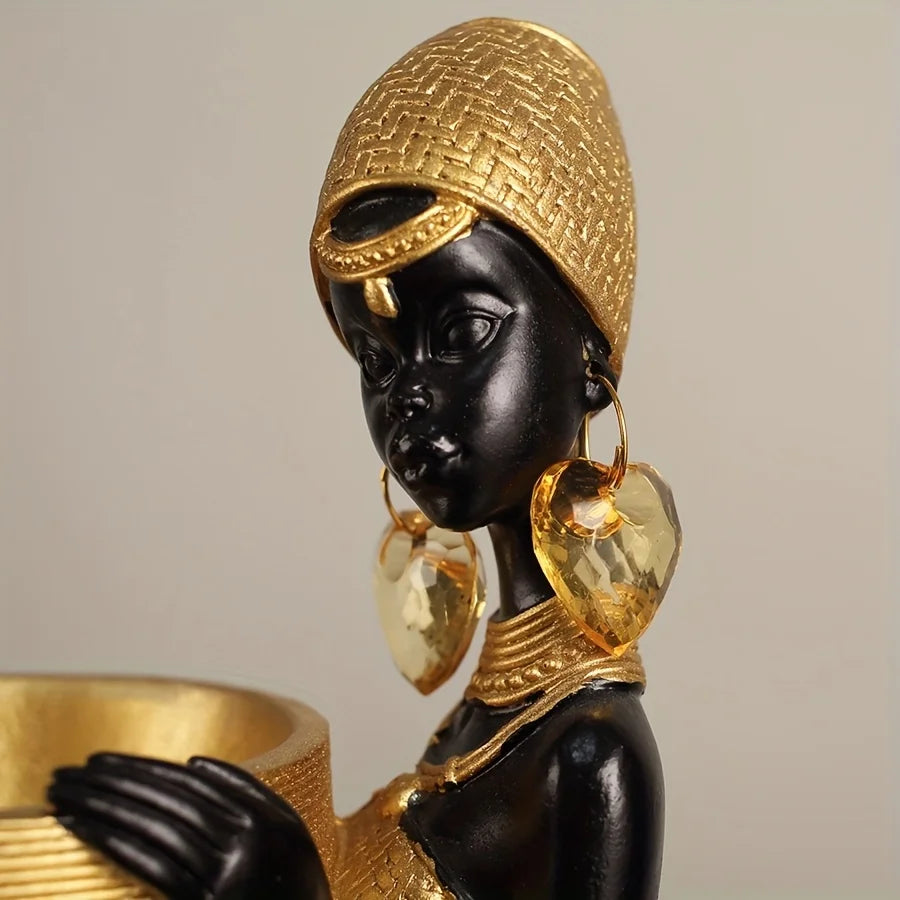 African Lady Resin Figurine | Woven Texture Sculpture in Black & Gold for Living Room & Office Decor