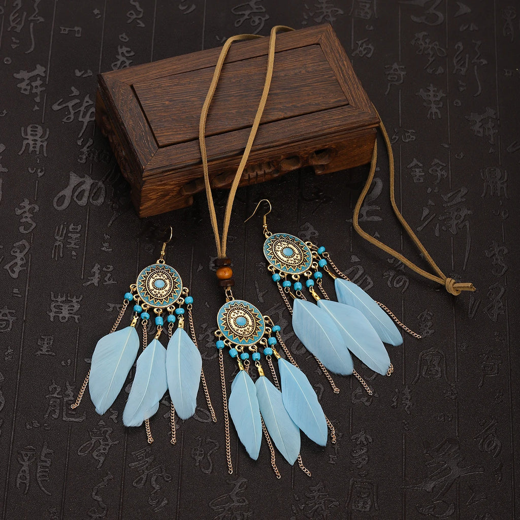 FBA Feather Necklace & Earring Set | Boho Tassel Jewelry