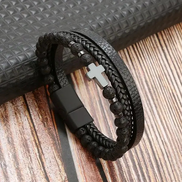 FBA Prayer Rosary Cross Natural Stone Leather Bracelet | Yoga Meditation Jewelry