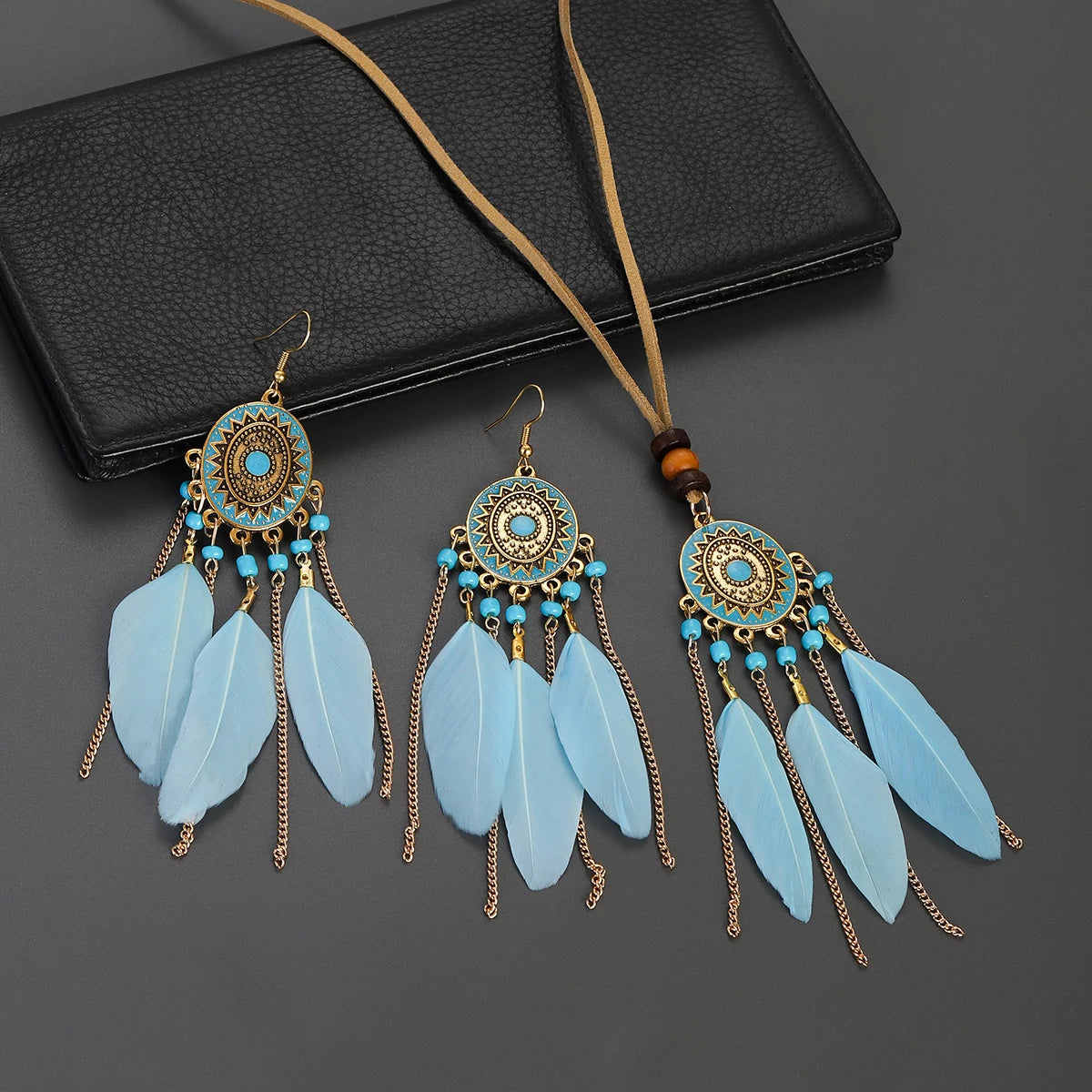 FBA Feather Necklace & Earring Set | Boho Tassel Jewelry