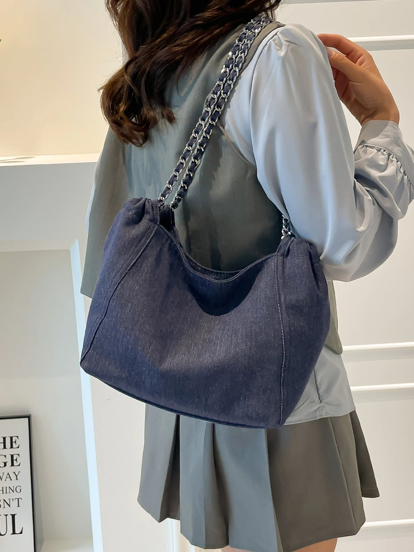 Denim Chain Shoulder Bag for Women – Large Capacity Korean Fashion Crossbody Tote