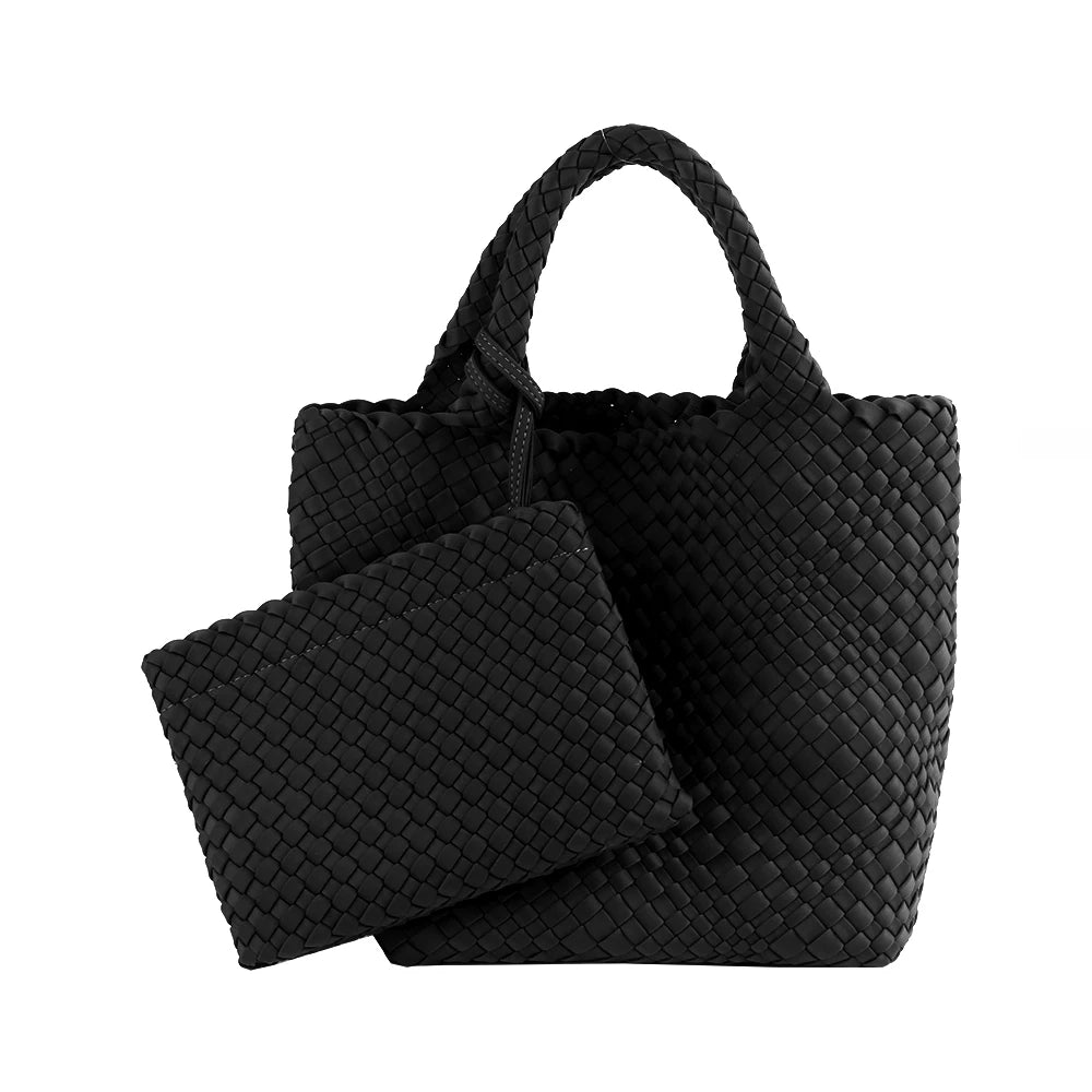 Neoprene Woven Tote Bag for Women – Waterproof Extra Large Beach Handbag & Retro Travel Shoulder Bag Set with Zipper Purse