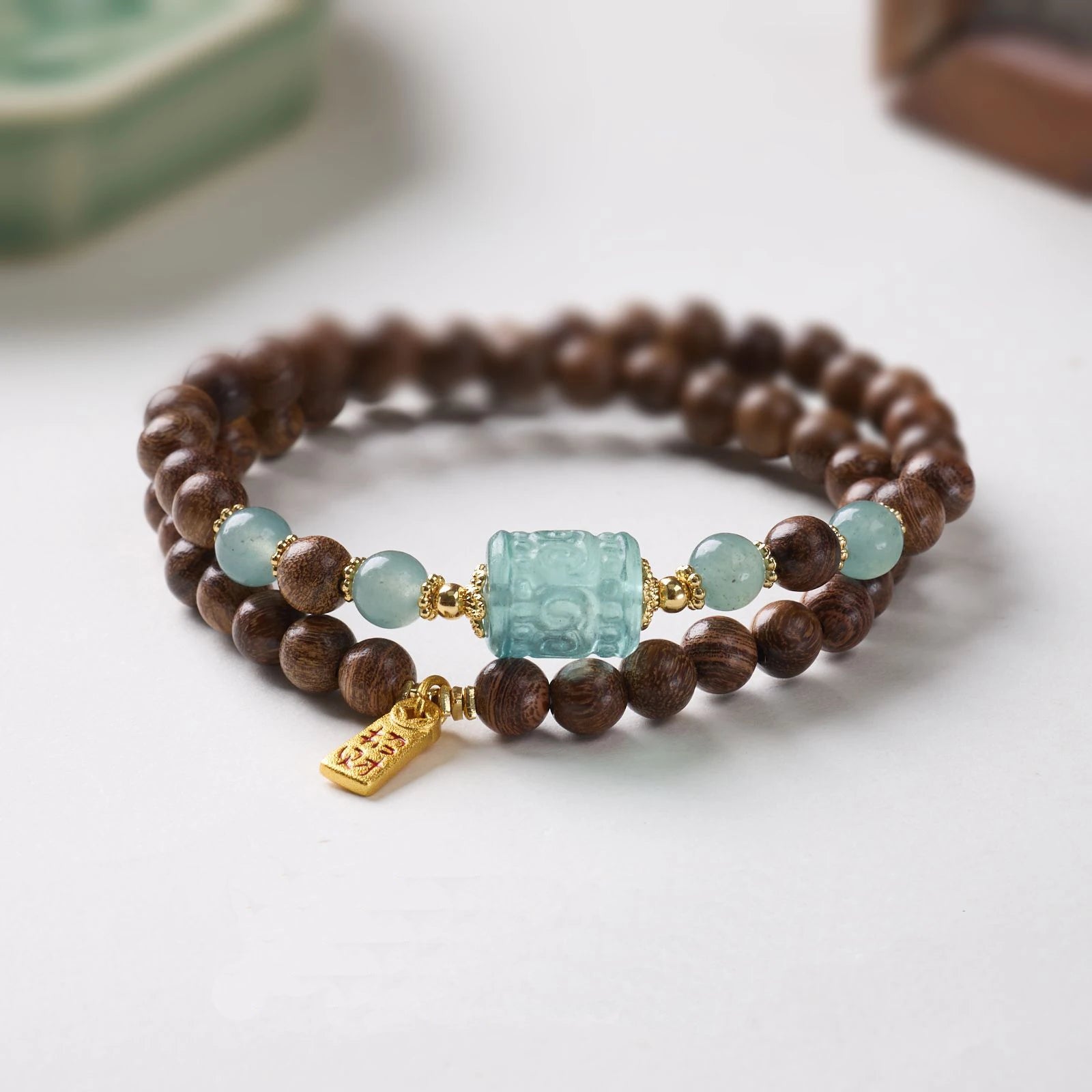 FBA Sandalwood Blue Chalcedony Double Wrap Bracelet | Chinese Lucky Jewelry