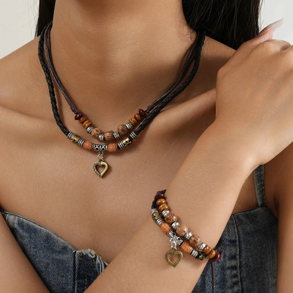 FBA Bohemian Layered Feather Leather Necklace | Ethnic Rustic Jewelry