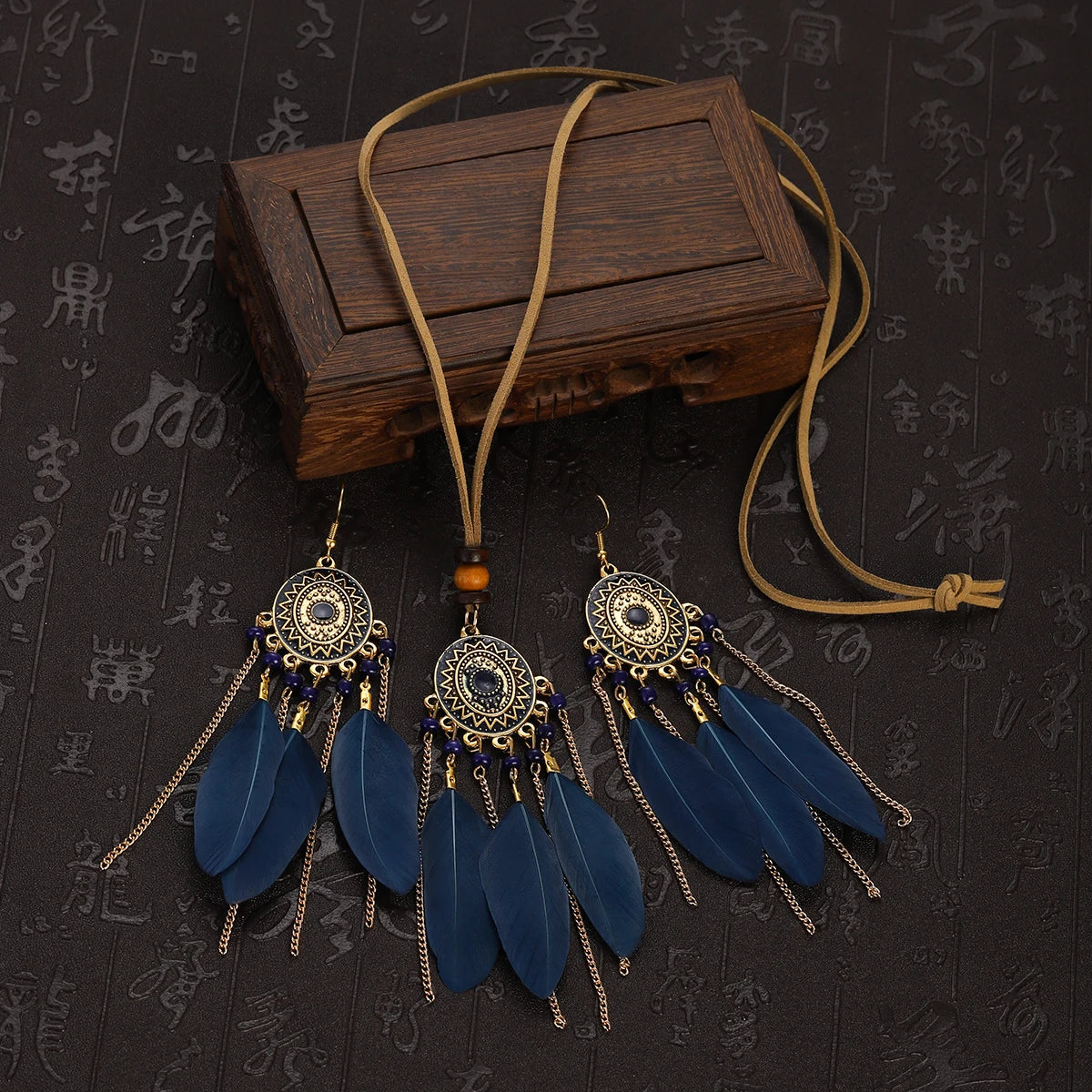 FBA Feather Necklace & Earring Set | Boho Tassel Jewelry