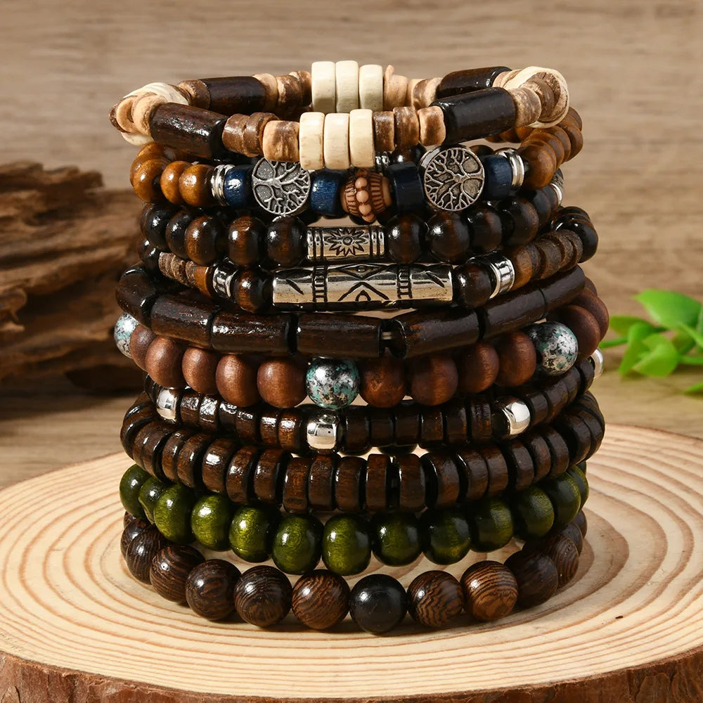 FBA 10-Piece Ethnic Wooden Beaded Bracelet Set | Boho Men's Jewelry