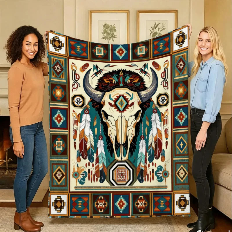 Buffalo Skull Ethnic Print Flannel Throw Blanket | FBA Vibes