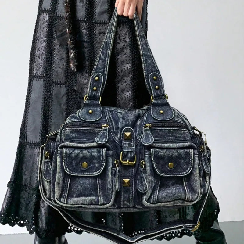 Fashionable Denim Tote Bag for Women – Retro Crossbody Shoulder & Travel Bag