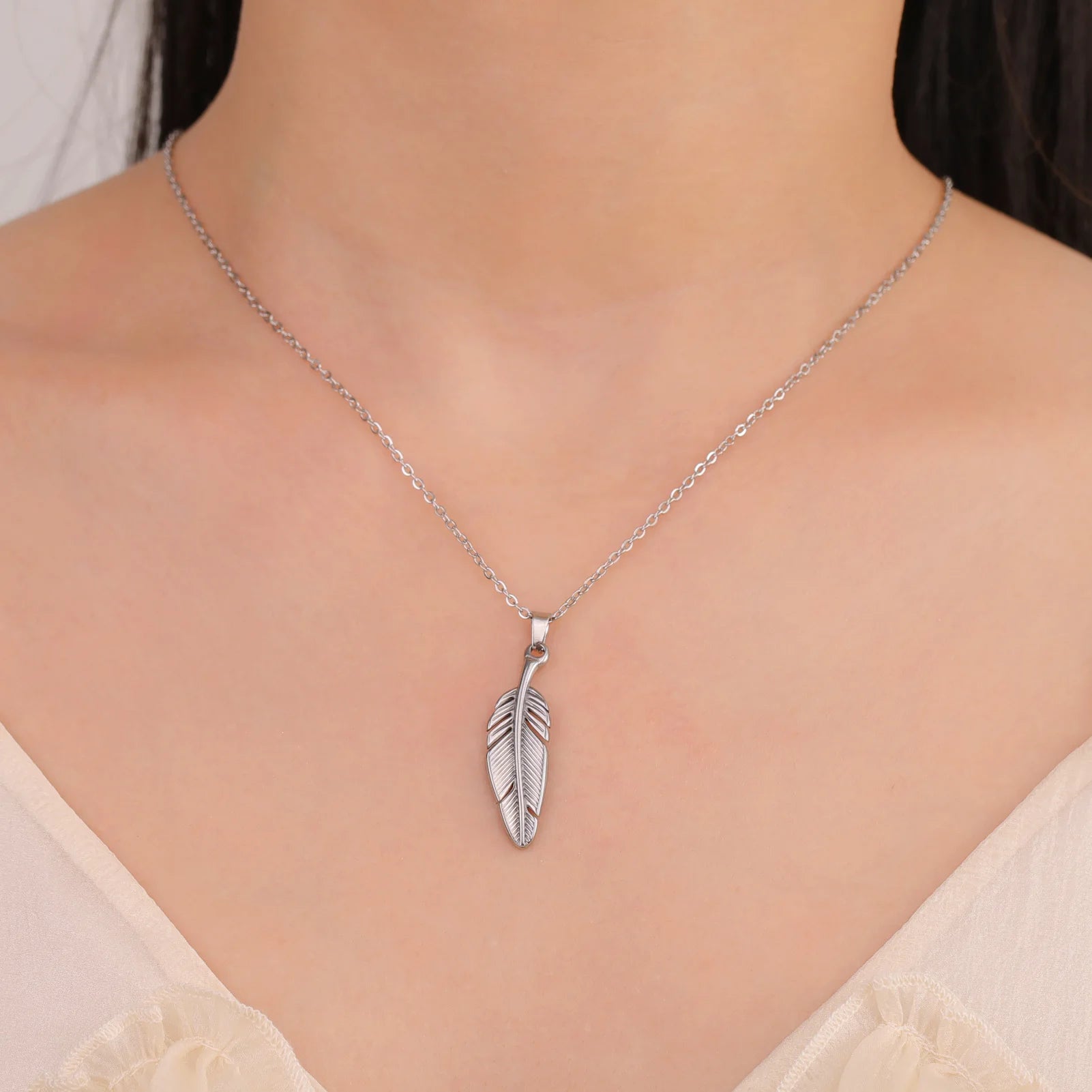 FBA Stainless Steel Feather Leaf Pendant Necklace | Women's Gold Jewelry
