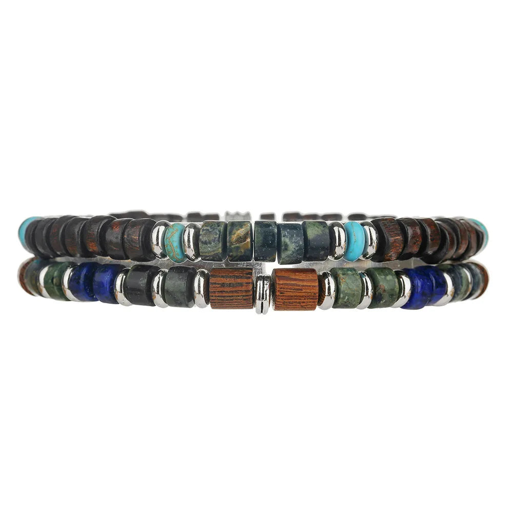 FBA Men's Tribal Wooden Lapis Lazuli Bracelet Set | Boho Jewelry