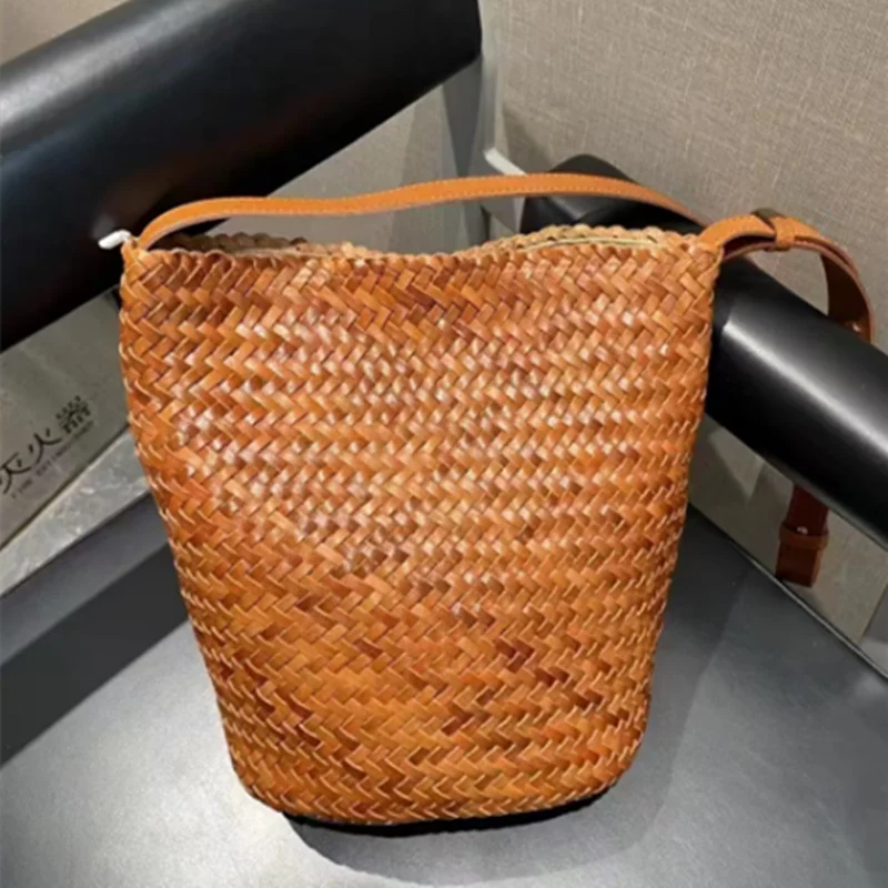 Genuine Leather Hand-Woven Vegetable Basket Tote Bag – Retro Bohemian Shoulder Bag