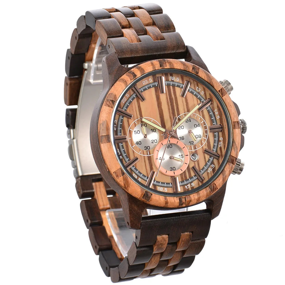 FBA Men's Military Chronograph Wood Watch | Luxury Quartz Wooden Wristwatch