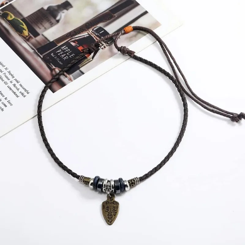 FBA Boho Braided Leather Beaded Necklace | Tribal Charm Pendant Jewelry
