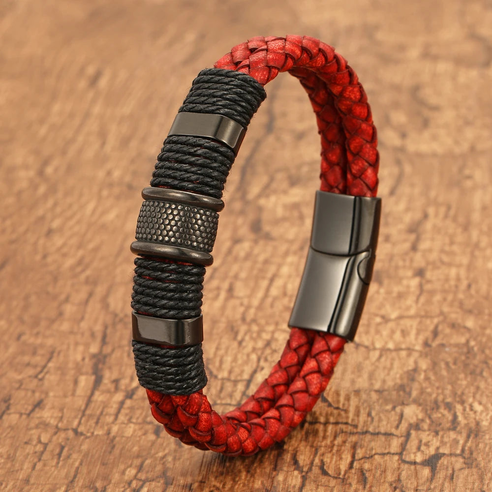 FBA Red Leather Rope Woven Bracelet for Men | Trendy Jewelry