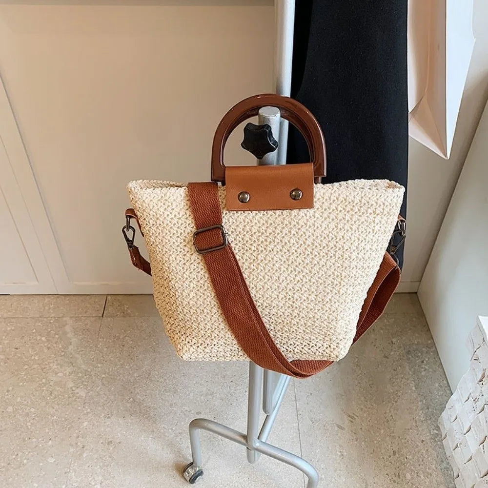 Hand Woven Straw Top Handle Crossbody Bag – Bohemian Beach Vacation Tote