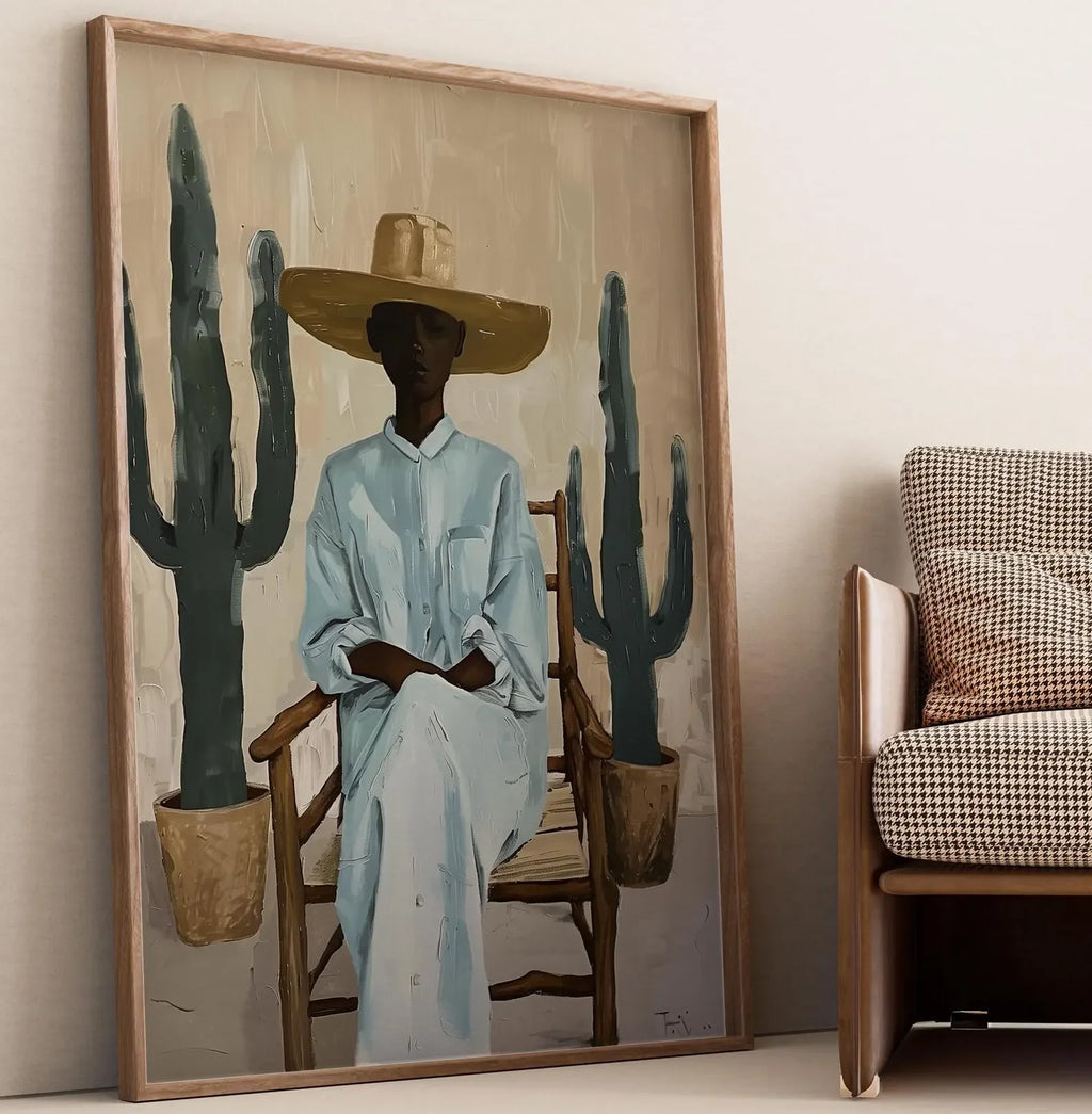 Minimalist Desert Woman Cactus Canvas Print | Boho Wall Art